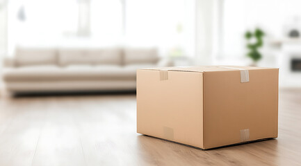 A cardboard box sits on a wood floor in a bright, minimalist room.  Moving, storage, or delivery concept. Open space in blurred background.