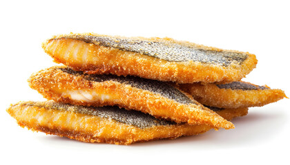Stack of fried fish fillets in crumbly breading isolated on white background