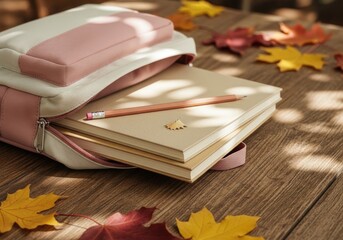 Backpack Ready for School: Notebooks and Fall Leaves