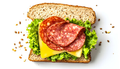 Top view of toasted salami and cheese sandwich on multigrain bread isolated on white background