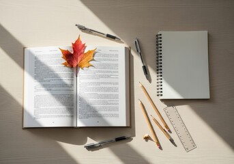 Back to School Still Life: Open Textbook and Stationery on Desk