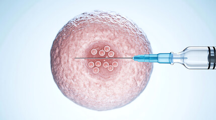 Close-up of egg cell injected with syringe. The process of assisted reproductive technology (ART) such as in vitro fertilization (IVF) or intracytoplasmic sperm injection (ICSI)