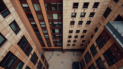A high-angle perspective high-resolution stock photo of a commercial office building, looking down from an elevated viewpoint, in natural earth tones, browns, and beiges with muted colors