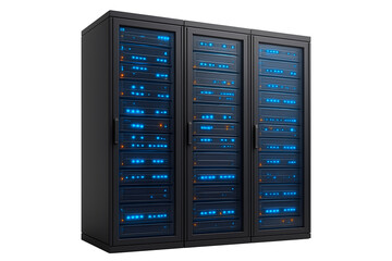 Glowing server racks with blue lights isolated on transparent background