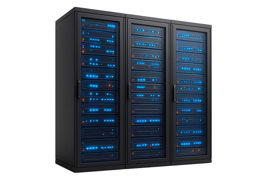 Glowing server racks with blue lights isolated on transparent background - Powered by Adobe