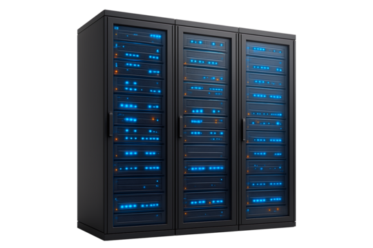 Glowing server racks with blue lights isolated on transparent background