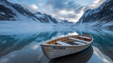 Tranquil wooden boat named silence adrift on a serene reflective mountain lake under a dramatic cloudy sky