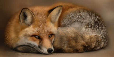 Fototapeta premium Curled up red fox rests peacefully, its vibrant fur blending with soft background, creating serene and natural scene. fox eyes are gently closed, adding to tranquil atmosphere
