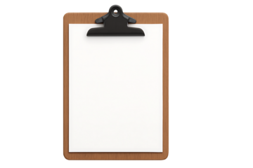 Wooden clipboard with blank paper isolated on transparent background

