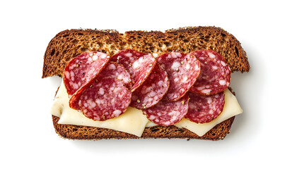 Obraz premium Top view of toasted salami and cheese sandwich on multigrain bread isolated on white background
