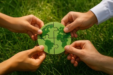 Hands coming together to unite puzzle pieces representing the Earth, symbolizing global unity and environmental responsibility.