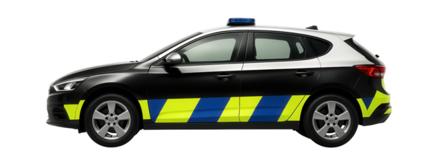 Two-tone hatchback patrol car featuring a high-visibility reflective livery