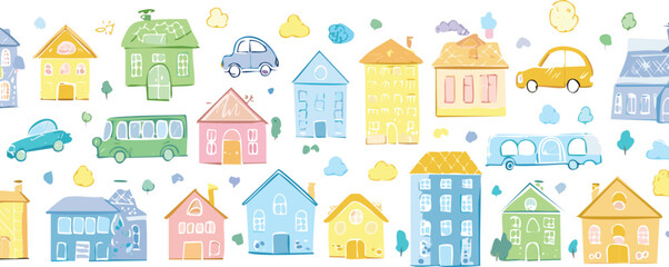 hand drawing seamless pattern with houses for kids.graphic, children, elegant, grey, minimalist, monochrome, print, window, cosy, drawing, fabric, hand-drawn, repeat, simple, sketchy, vignetting, 