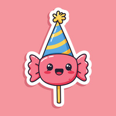 Cute pink candy with party hat and smiling face on pink background  