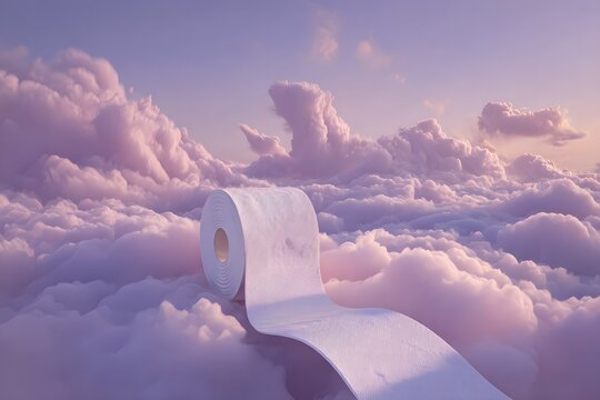 Surreal toilet paper roll on dreamy clouds