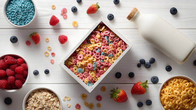 Colorful Breakfast Cereal with Fresh Berries and Milk on Table