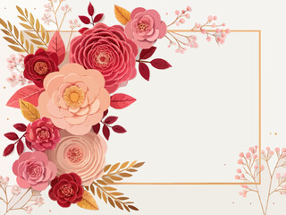 Naklejka premium floral background with roses vector illustrationA minimalist floral frame design with elegant paper-cut flowers in shades of pink, peach, and red, arranged symmetrically at the four corners.
