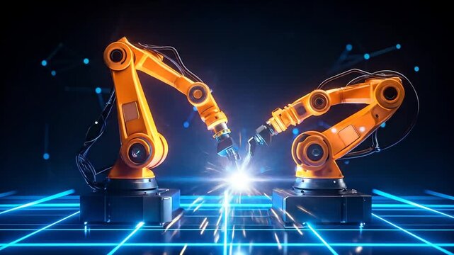 Two industrial robotic arms, orange and black, almost touching against a dark, techy background of blue