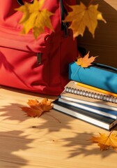 Fresh Start: New Backpack with School Supplies and Autumn Leaves