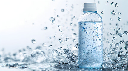 A plastic bottle of water with water droplets splashing around it on a white surface.