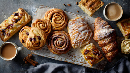 Fototapeta premium Freshly Baked Pastries and Coffee on Rustic Wooden Table