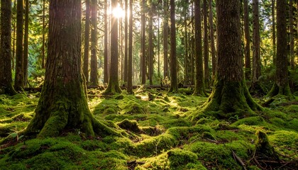 Sunlight streams through mossy forest floor