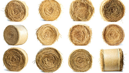 Straw bale collection, farm field, agricultural material, countryside, ground level, nature, isolated on white background