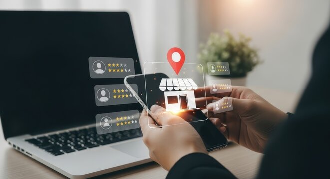 Photo of a person holding a smartphone displaying a store icon with a map pin, alongside customer reviews and ratings, while a laptop is nearby