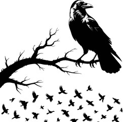 Black raven perched on bare branch with flock of birds flying below crow