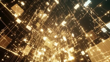 Abstract network of golden lines and glowing squares pulsating in dark space