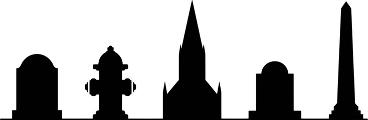 Black silhouette collection of urban and memorial monuments vector symbol