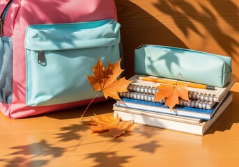 Fresh Start: New Backpack with School Supplies and Autumn Leaves
