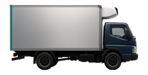 Box truck with refrigeration unit mounted above the cab and insulated interior