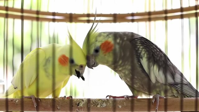 Two parakeets in a cage