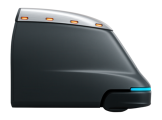 Streamlined high-roof cab with a sloping front and overhead clearance lights