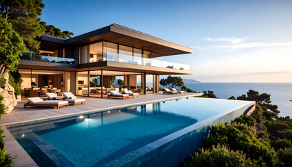 Obraz premium Modern Cliffside Villa with Infinity Pool and Ocean View at Sunset