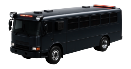 High-capacity police bus with side-mounted spotlights and intercom system
