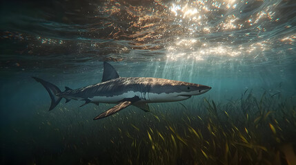 Fototapeta premium Great white shark glides through sunlit underwater kelp forest. Sunlight beams through the water, illuminating the shark's form against a backdrop of vibrant kelp
