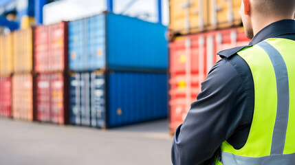 Shipping Port Security: A guard in a reflective vest stands watch amidst a backdrop of colorful shipping containers, ensuring safety at the bustling dockyard.