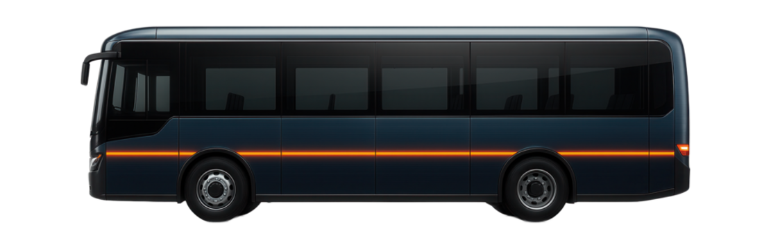 Electric bus with contrasting color accents and flush-mounted windows