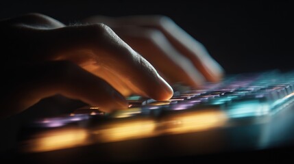 Close-up of hands typing on a backlit keyboard