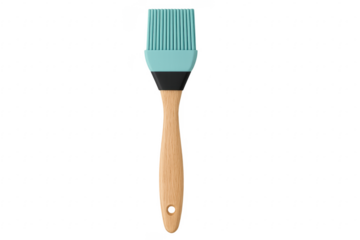 Light blue silicone pastry brush with wooden handle on transparent background