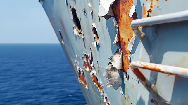 Rusting Ship Hull: Decaying metal with peeling paint and rust, exposed to the sea. Shows age and erosion of the structure against a backdrop of water. - Powered by Adobe