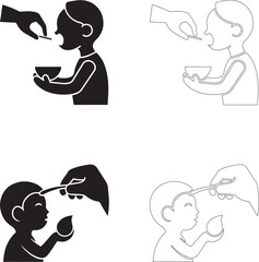 World Food Day Vector Icons of Adult Hand Feeding Child with Spoon and Bowl in Solid and Outline Styles