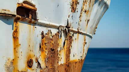 Weathered Hull: Close-up of a rusted metal surface against a sea backdrop, showcasing aging and corrosion in a maritime setting.