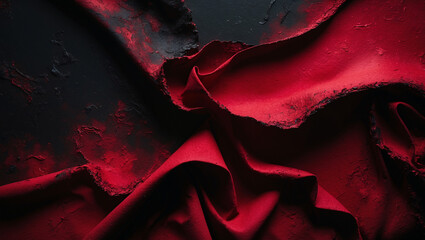 Close-up of draped crimson fabric against a dark, textured background