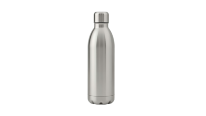 A sleek silver stainless steel water bottle, perfect for hydration on-the-go.