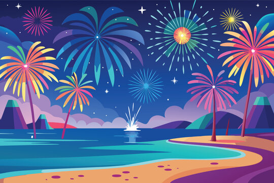Vibrant fireworks display over tropical beach at night