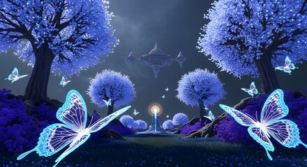 "A sacred grove with futuristic crystal trees, butterflies that glow in fractal patterns, and a hovering temple"


