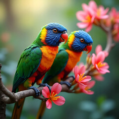 Colorful Parrots on a Branch with Blossoms